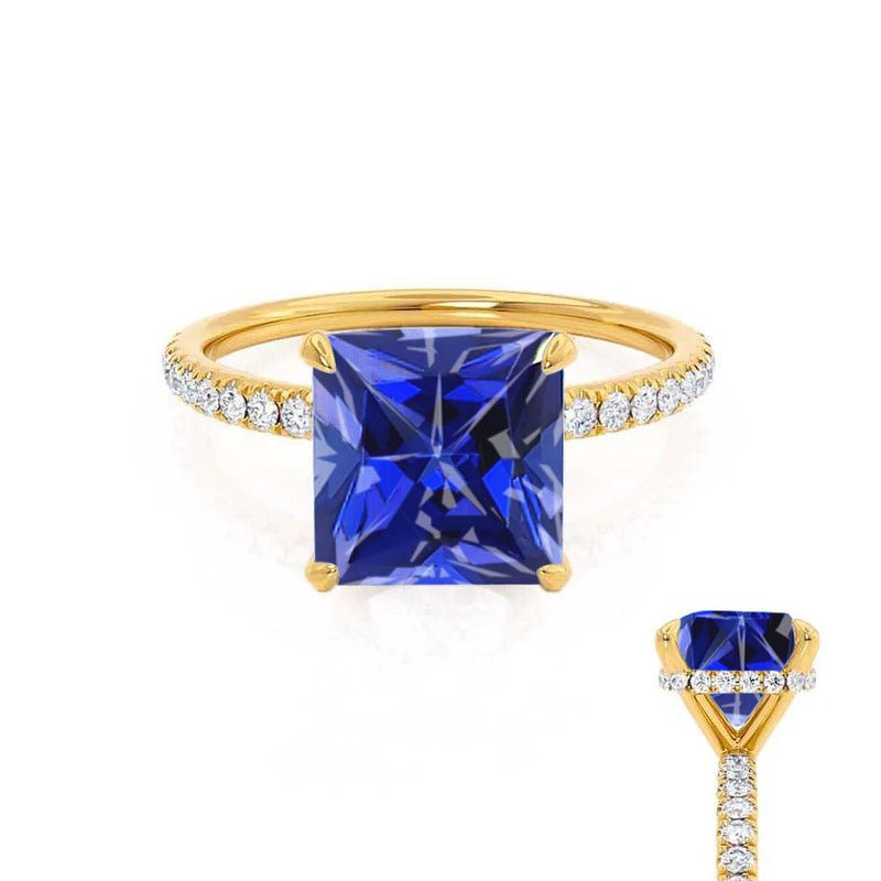LIVELY - Chatham® Princess Blue Sapphire 18k Yellow Gold Petite Hidden Halo Pavé Shoulder Set Ring