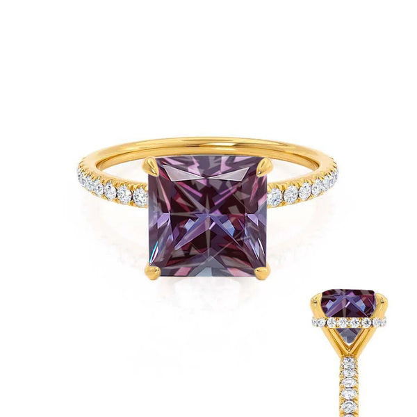 LIVELY - Chatham® Princess Alexandrite 18k Yellow Gold Petite Hidden Halo Pavé Shoulder Set Ring