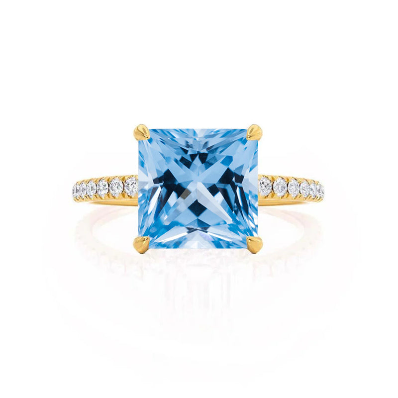 LIVELY - Chatham® Princess Aqua Spinel 18k Yellow Gold Petite Hidden Halo Pavé Shoulder Set Ring