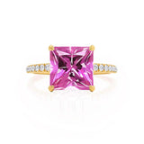 LIVELY - Chatham® Princess Pink Sapphire 18k Yellow Gold Petite Hidden Halo Pavé Shoulder Set Ring