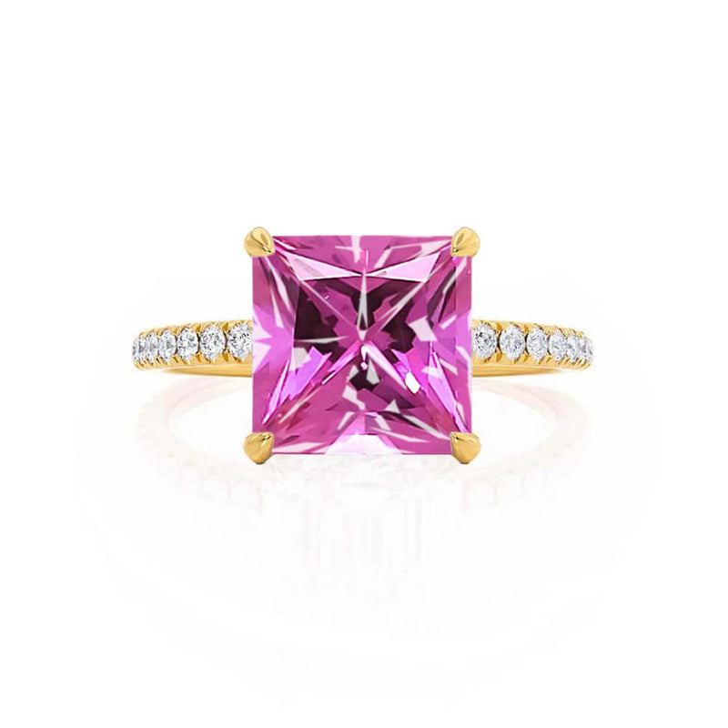 LIVELY - Chatham® Princess Pink Sapphire 18k Yellow Gold Petite Hidden Halo Pavé Shoulder Set Ring