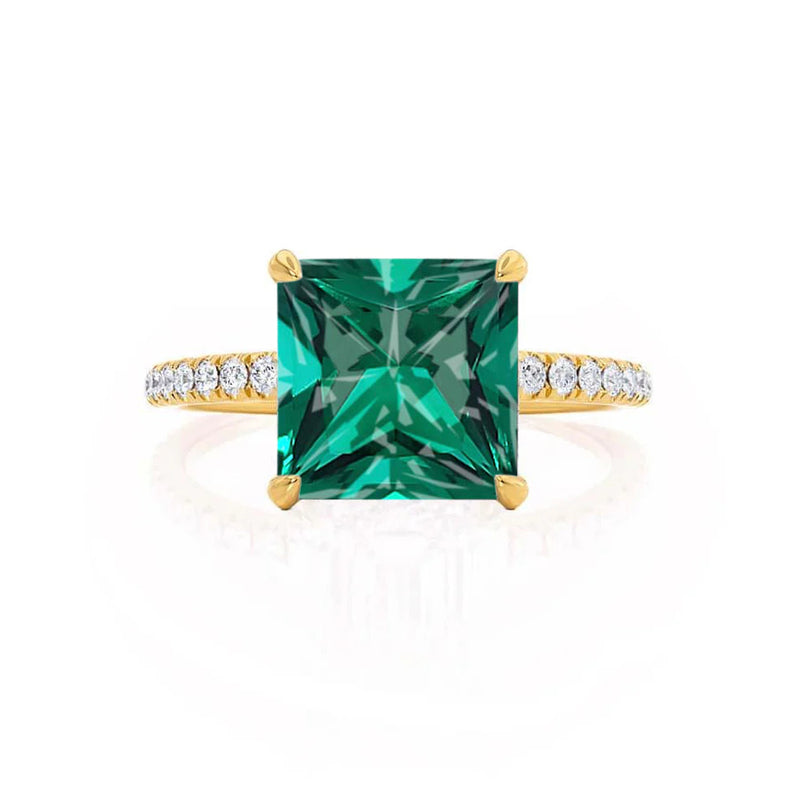 LIVELY - Chatham® Princess Emerald 18k Yellow Gold Petite Hidden Halo Pavé Shoulder Set Ring
