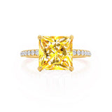 LIVELY - Chatham® Princess Yellow Sapphire 18k Yellow Gold Petite Hidden Halo Pavé Shoulder Set Ring
