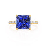 LIVELY - Chatham® Princess Blue Sapphire 18k Yellow Gold Petite Hidden Halo Pavé Shoulder Set Ring