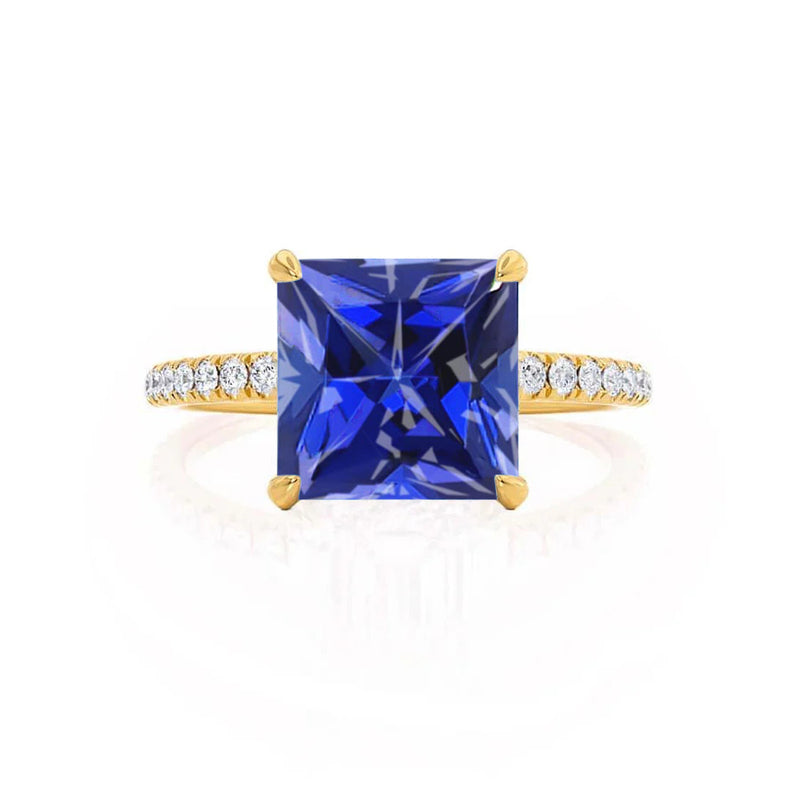 LIVELY - Chatham® Princess Blue Sapphire 18k Yellow Gold Petite Hidden Halo Pavé Shoulder Set Ring