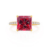 LIVELY - Chatham® Princess Ruby 18k Yellow Gold Petite Hidden Halo Pavé Shoulder Set Ring