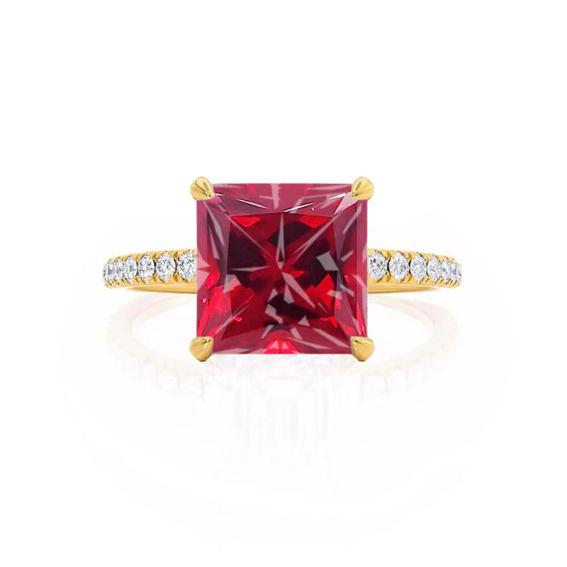 LIVELY - Chatham® Princess Ruby 18k Yellow Gold Petite Hidden Halo Pavé Shoulder Set Ring
