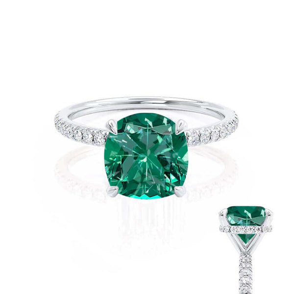 LIVELY - Chatham® Cushion Emerald 950 Platinum Petite Hidden Halo Pavé Shoulder Set Ring