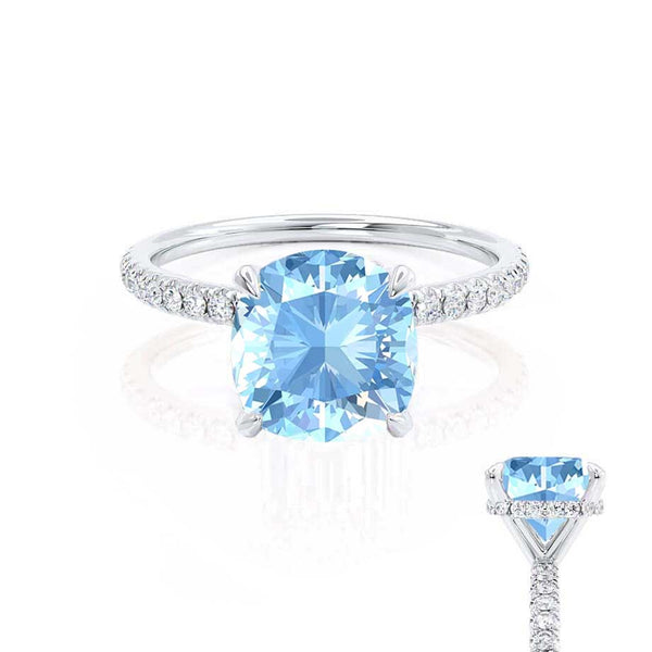LIVELY - Chatham® Cushion Aqua Spinel 950 Platinum Petite Hidden Halo Pavé Shoulder Set Ring