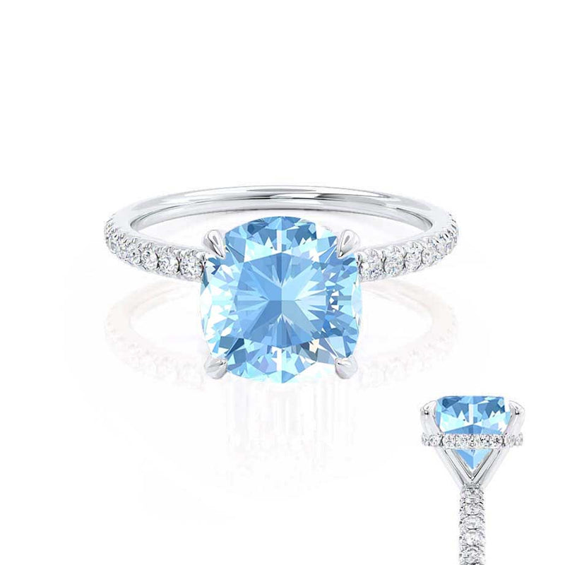 LIVELY - Chatham® Cushion Aqua Spinel 950 Platinum Petite Hidden Halo Pavé Shoulder Set Ring