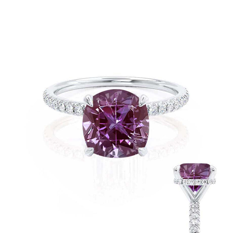 LIVELY - Chatham® Cushion Alexandrite 950 Platinum Petite Hidden Halo Pavé Shoulder Set Ring