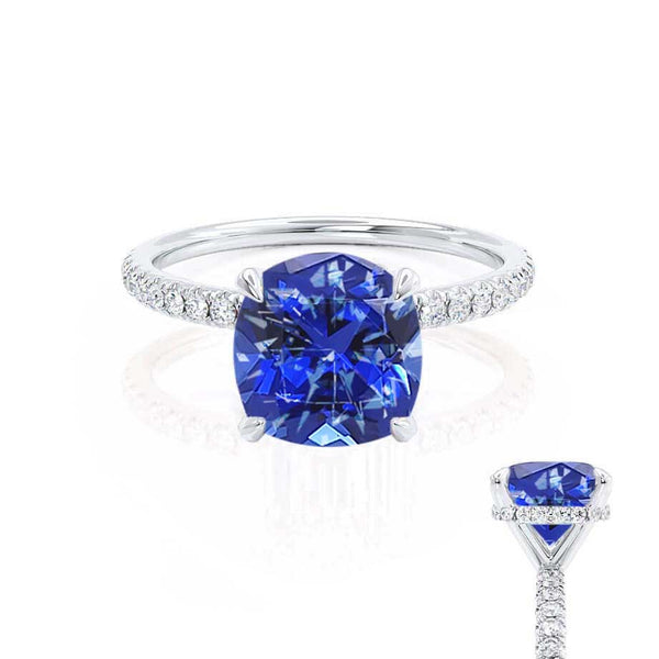 LIVELY - Chatham® Cushion Blue Sapphire 950 Platinum Petite Hidden Halo Pavé Shoulder Set Ring