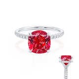 LIVELY - Chatham® Cushion Ruby 18k White Gold Petite Hidden Halo Pavé Shoulder Set Ring