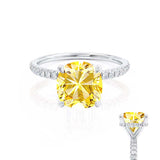 LIVELY - Chatham® Cushion Yellow Sapphire 18k White Gold Petite Hidden Halo Pavé Shoulder Set Ring