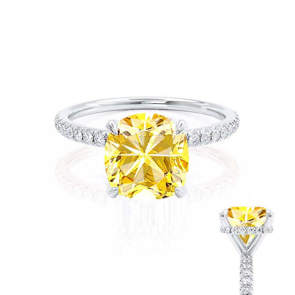 LIVELY - Chatham® Cushion Yellow Sapphire 950 Platinum Petite Hidden Halo Pavé Shoulder Set Ring