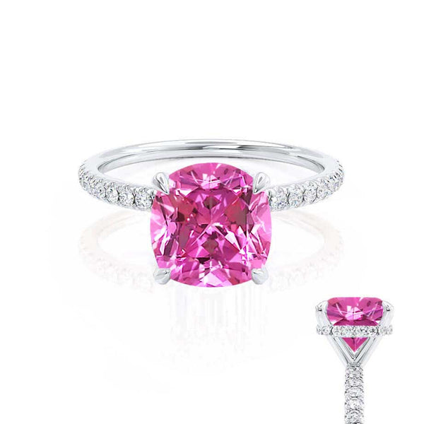 LIVELY - Chatham® Cushion Pink Sapphire 950 Platinum Petite Hidden Halo Pavé Shoulder Set Ring