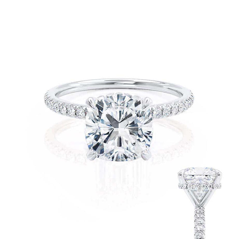 LIVELY - Cushion Natural Diamond Platinum Petite Hidden Halo Pavé Shoulder Set Engagement Ring Lily Arkwright