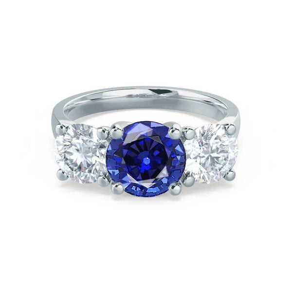 LEANORA - Round Blue Sapphire 18k White Gold Trilogy Engagement Ring Lily Arkwright