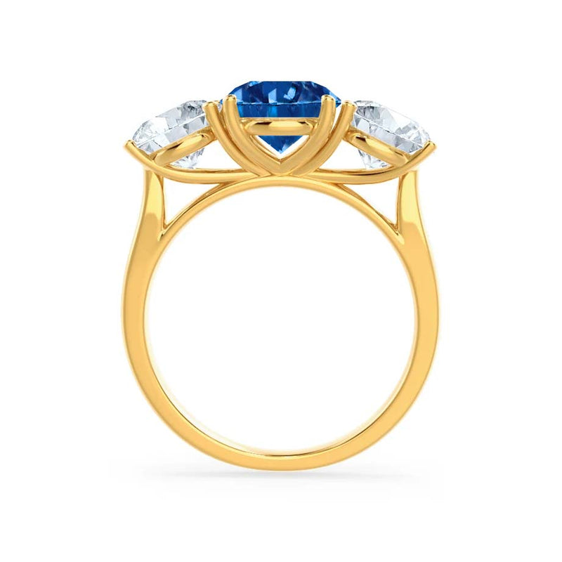 LEANORA - Round Blue Sapphire 18k Yellow Gold Trilogy Engagement Ring Lily Arkwright