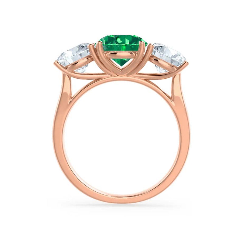 LEANORA - Round Emerald 18k Rose Gold Trilogy Engagement Ring Lily Arkwright