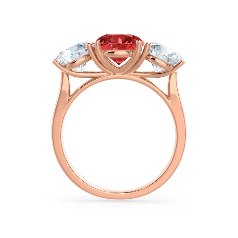 LEANORA - Round Ruby 18k Rose Gold Trilogy Engagement Ring Lily Arkwright