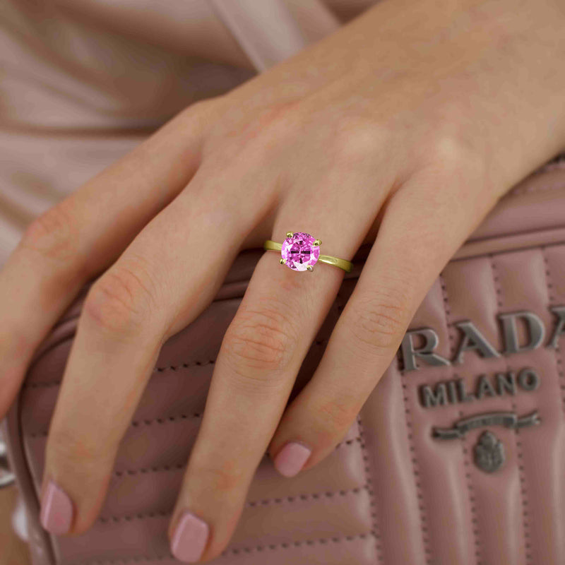 LOTTIE - Chatham® Round Pink Sapphire Solitaire Engagement Ring 18k Yellow Gold