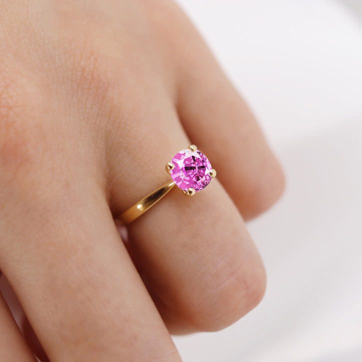 LOTTIE - Chatham® Round Pink Sapphire Solitaire Engagement Ring 18k Yellow Gold