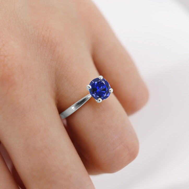 LOTTIE - Chatham® Round Blue Sapphire Solitaire Engagement Ring 18k White Gold