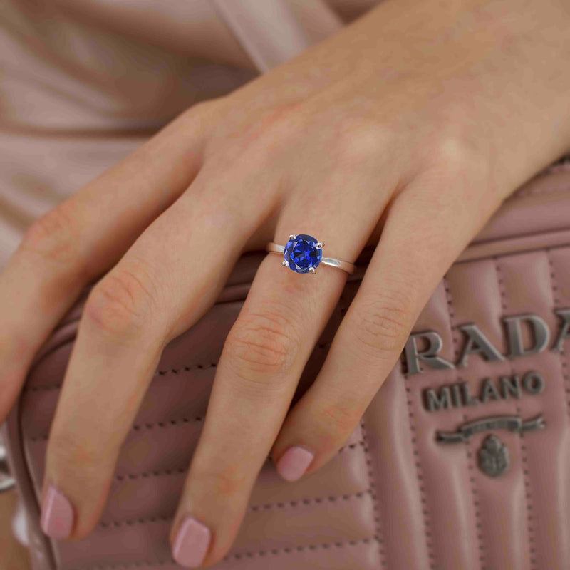 LOTTIE - Chatham® Round Blue Sapphire Solitaire Engagement Ring 18k White Gold