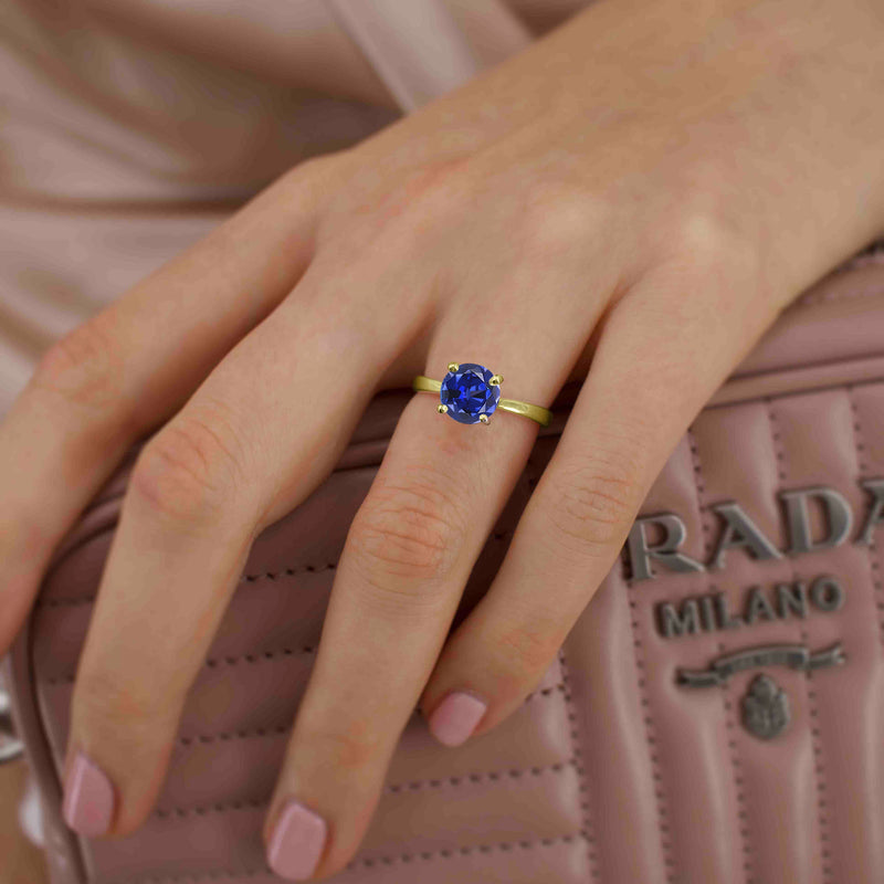 LOTTIE - Chatham® Round Blue Sapphire Solitaire Engagement Ring 18k Yellow Gold