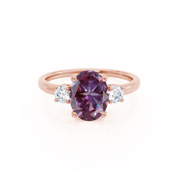 LOUELLA - Chatham® Oval Alexandrite Oval Petite Trilogy Engagement Ring 18k Rose Gold