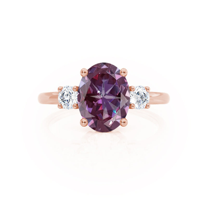 LOUELLA - Chatham® Oval Alexandrite Oval Petite Trilogy Engagement Ring 18k Rose Gold