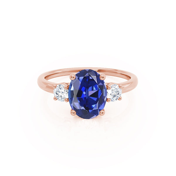 LOUELLA - Chatham® Oval Blue Sapphire Oval Petite Trilogy Engagement Ring 18k Rose Gold