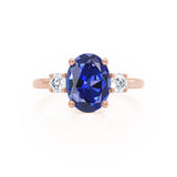 LOUELLA - Chatham® Oval Blue Sapphire Oval Petite Trilogy Engagement Ring 18k Rose Gold