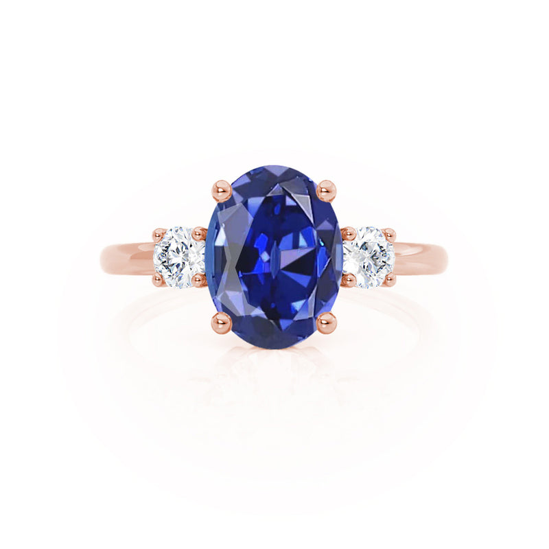 LOUELLA - Chatham® Oval Blue Sapphire Oval Petite Trilogy Engagement Ring 18k Rose Gold