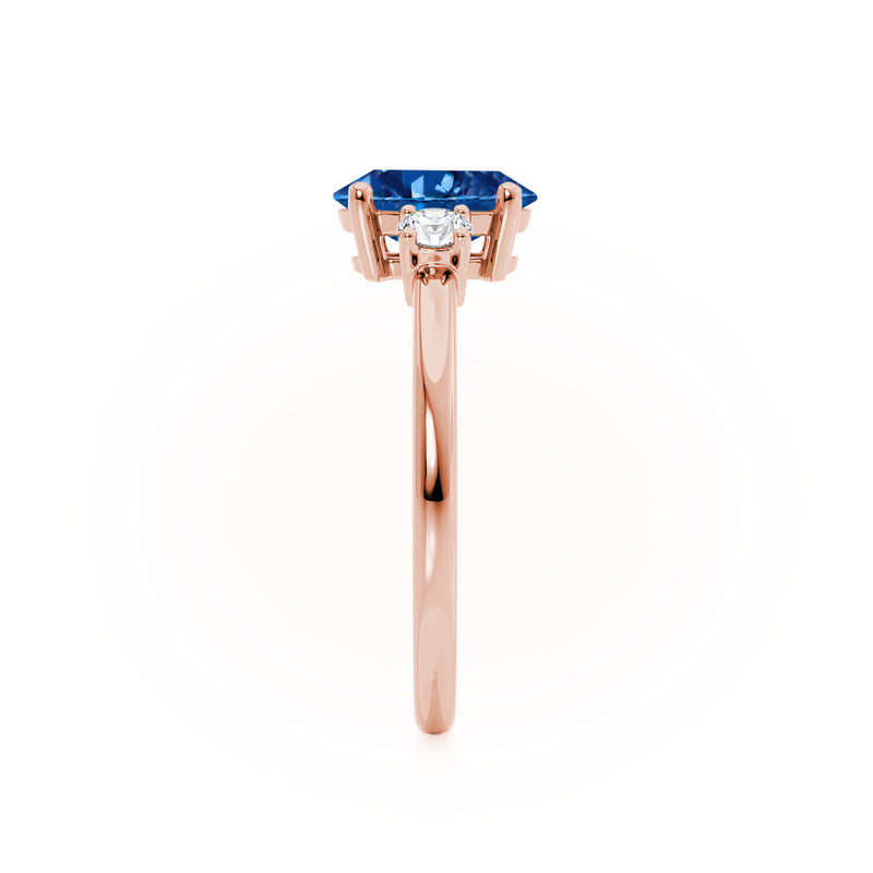 LOUELLA - Chatham® Oval Blue Sapphire Oval Petite Trilogy Engagement Ring 18k Rose Gold