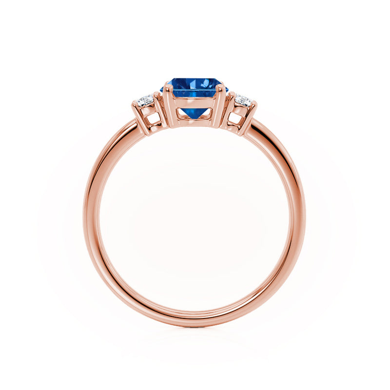 LOUELLA - Chatham® Oval Blue Sapphire Oval Petite Trilogy Engagement Ring 18k Rose Gold