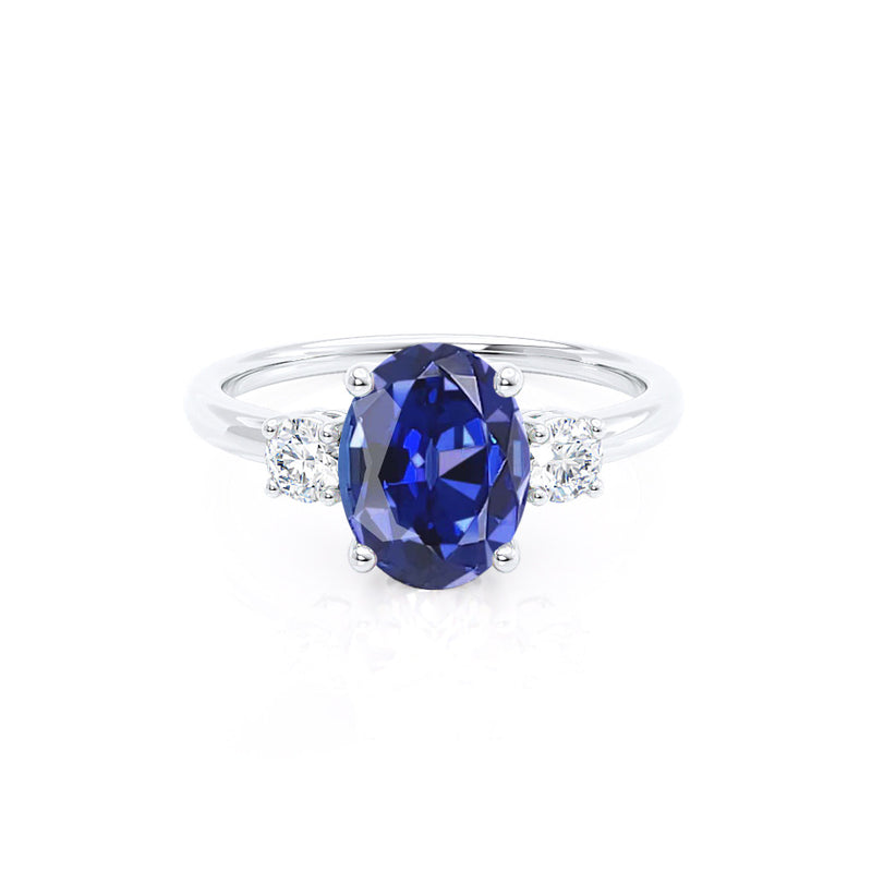 LOUELLA - Chatham® Oval Blue Sapphire Oval Petite Trilogy Engagement Ring 18k White Gold