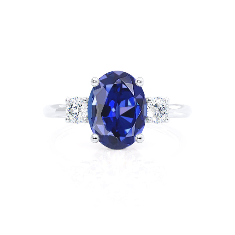 LOUELLA - Chatham® Oval Blue Sapphire Oval Petite Trilogy Engagement Ring 18k White Gold