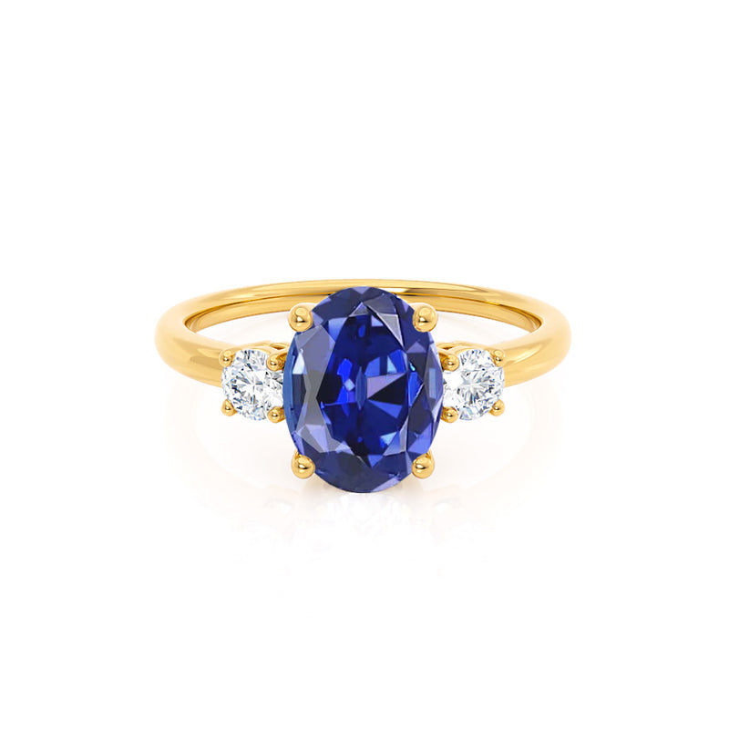 LOUELLA - Chatham® Oval Blue Sapphire Oval Petite Trilogy Engagement Ring 18k Yellow Gold