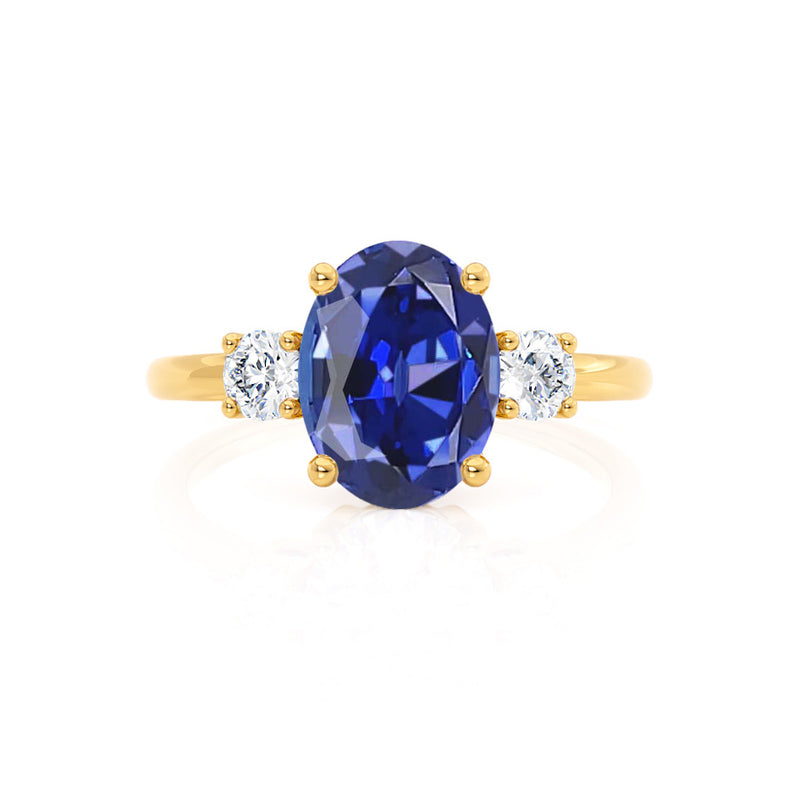 LOUELLA - Chatham® Oval Blue Sapphire Oval Petite Trilogy Engagement Ring 18k Yellow Gold