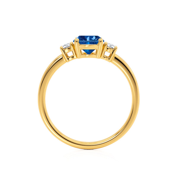 LOUELLA - Chatham® Oval Blue Sapphire Oval Petite Trilogy Engagement Ring 18k Yellow Gold