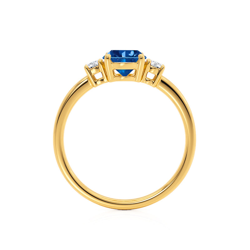 LOUELLA - Chatham® Oval Blue Sapphire Oval Petite Trilogy Engagement Ring 18k Yellow Gold