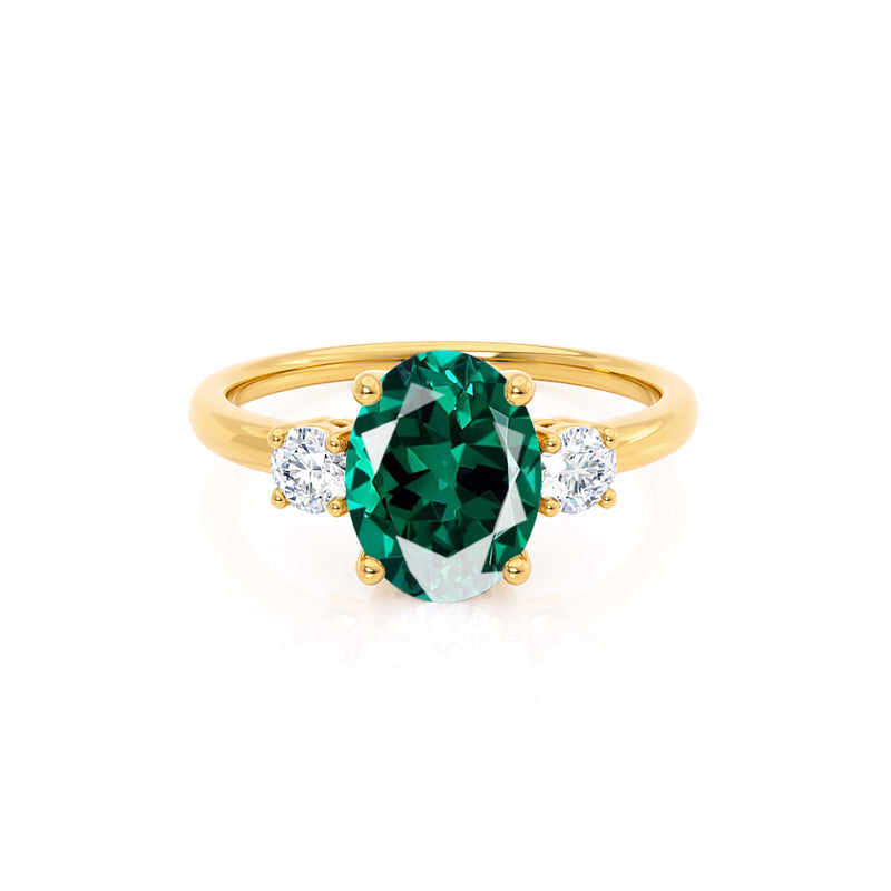 LOUELLA - Chatham® Oval Emerald Oval Petite Trilogy Engagement Ring 18k Yellow Gold