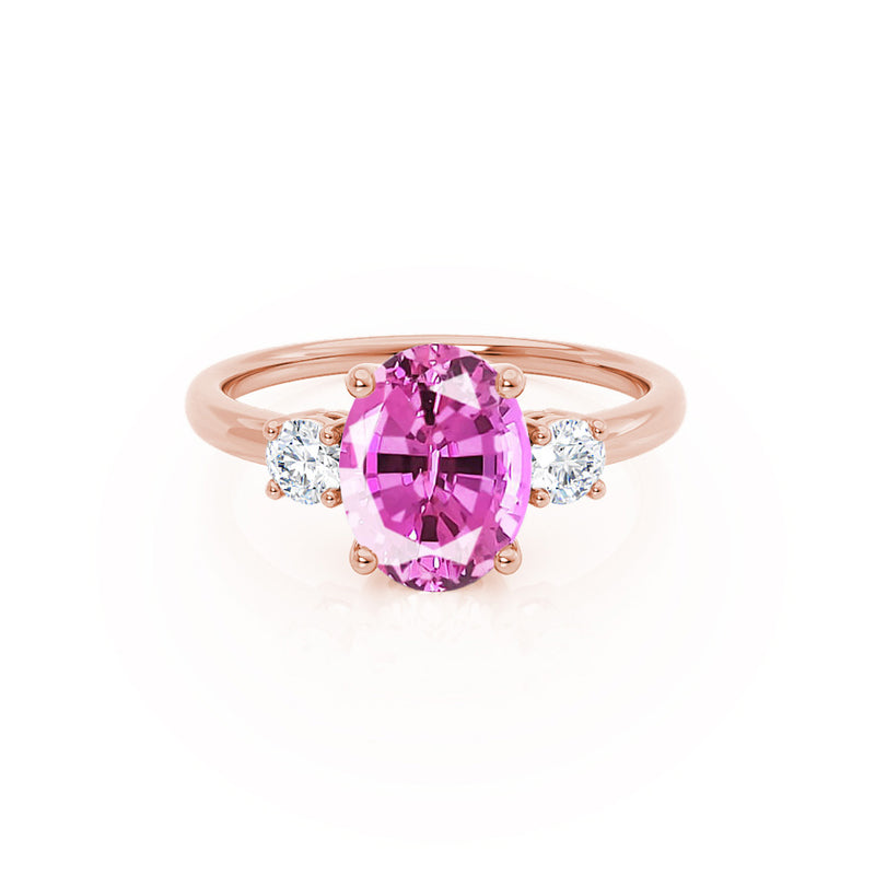 LOUELLA - Chatham® Oval Pink Sapphire Oval Petite Trilogy Engagement Ring 18k Rose Gold