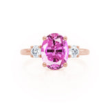 LOUELLA - Chatham® Oval Pink Sapphire Oval Petite Trilogy Engagement Ring 18k Rose Gold