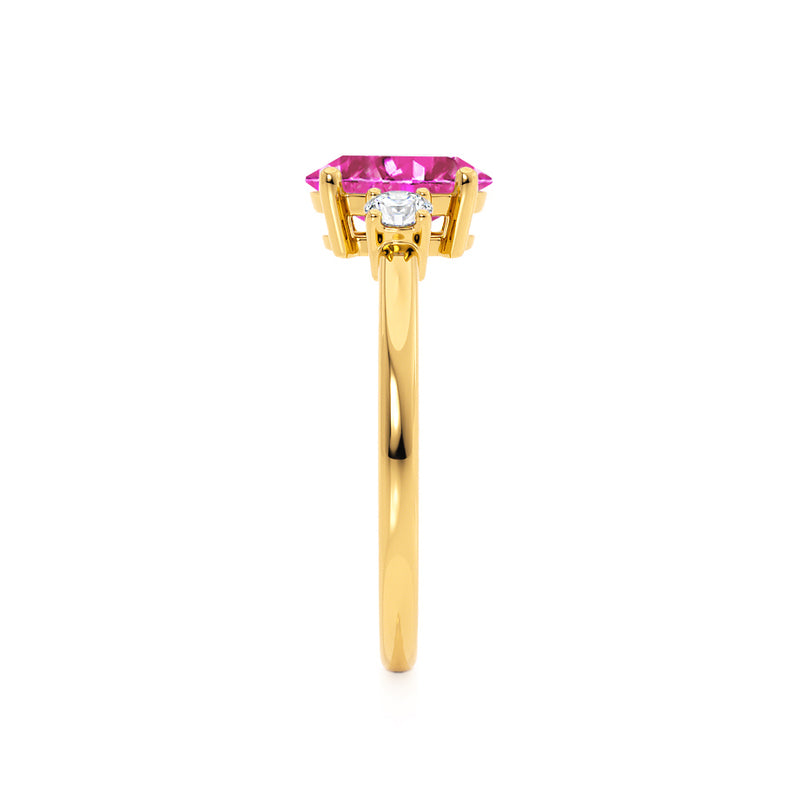 LOUELLA - Chatham® Oval Pink Sapphire Oval Petite Trilogy Engagement Ring 18k Yellow Gold