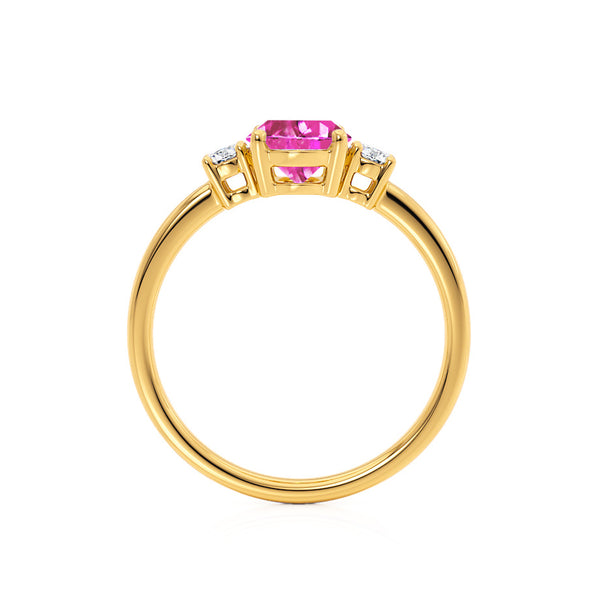 LOUELLA - Chatham® Oval Pink Sapphire Oval Petite Trilogy Engagement Ring 18k Yellow Gold