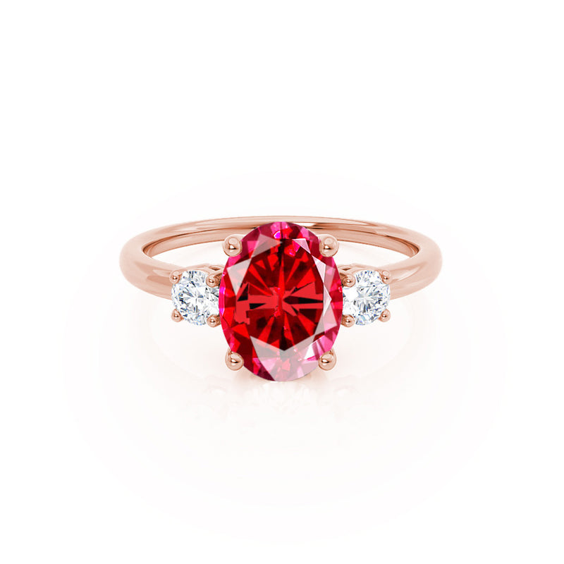 LOUELLA - Chatham® Oval Ruby Oval Petite Trilogy Engagement Ring 18k Rose Gold