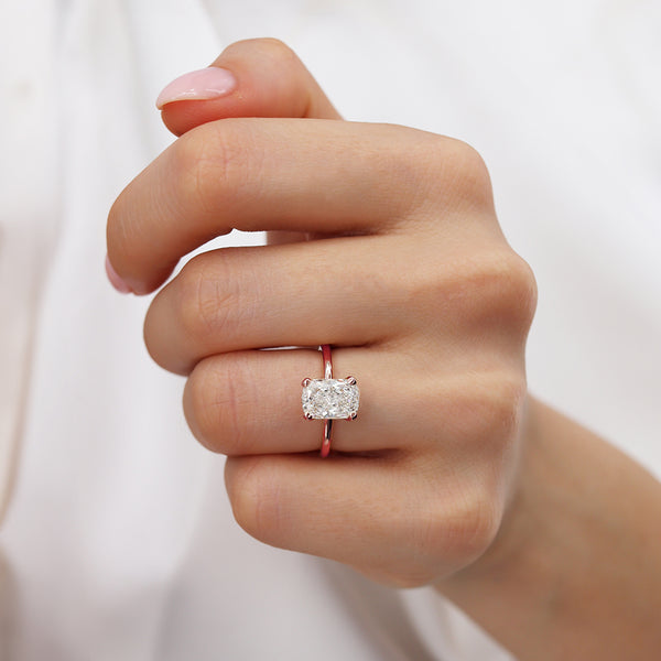 Lulu 2.00ct Elongated Cushion Cut E Colour Lab Diamond 18k Rose Gold Petite Solitaire Engagement Ring Lily Arkwright 